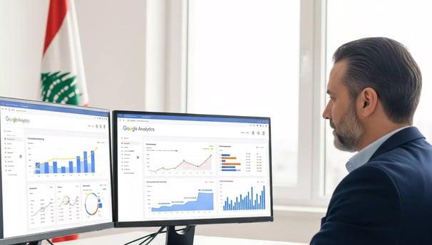 Professional business person in modern office analyzing SEO data on multiple computer screens