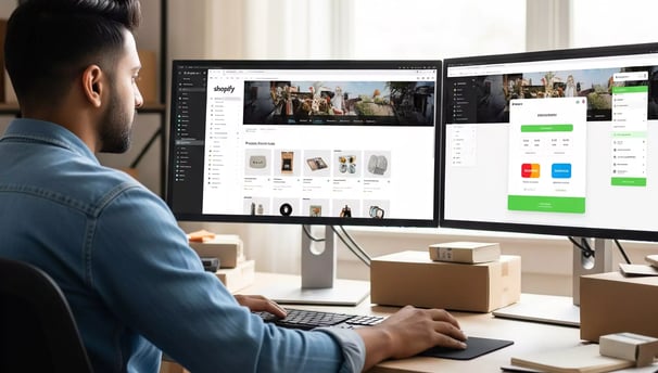Modern entrepreneur working on Shopify store design on dual monitors