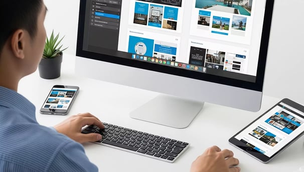 Over-the-shoulder view of designer customizing WordPress theme and website wireframes