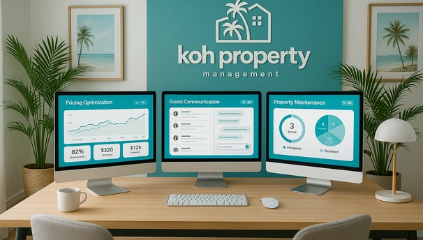 a desk with three monitors and a monitor screen