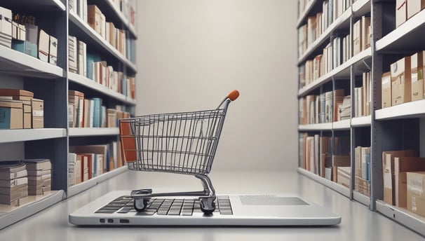 A hand holds a smartphone displaying the Shopify website, focusing on a page about payment processing. Text about Simple Payments and Shopify Payments is visible along with some graphical elements like a chair and a desk lamp.