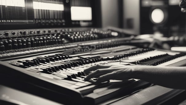 A laptop with the logo 'Soundtrax Stock Music Library' next to a music mixing console and a synthesizer placed on a light-colored surface. The synthesizer has colorful knobs and a small display screen.