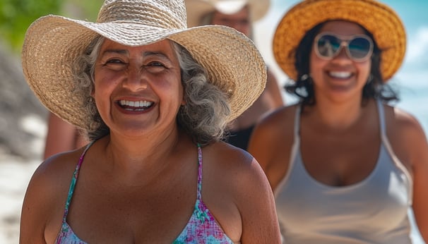 Tres mujeres mayores caminando en la playa con ropa de verano y sombreros 