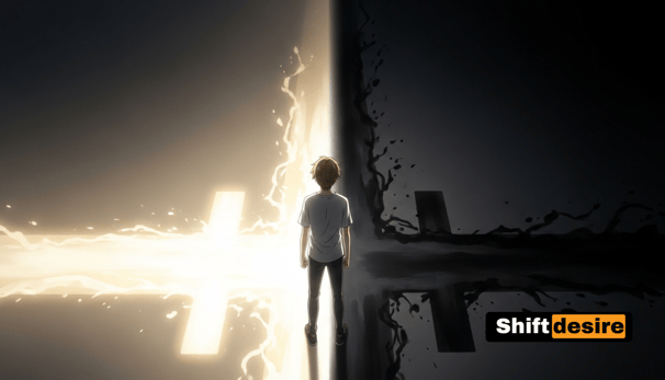 A young man standing at a crossroads, one path glowing with light (recovery)