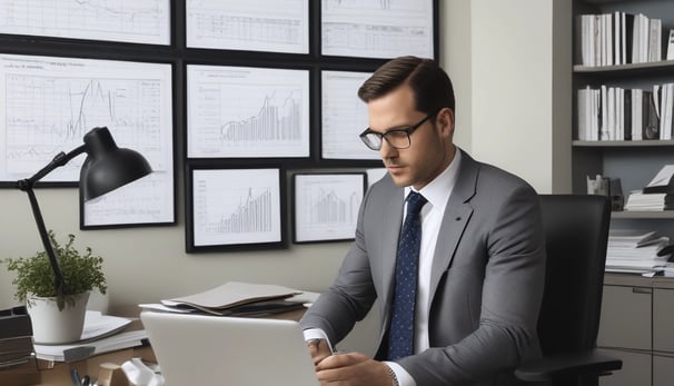A person is working on a laptop at a wooden table. Next to them is a stack of books relating to business and success, with titles visible such as 'The Warren Buffett Way' and 'The Deals That Made The World'. The setting appears to be professional, possibly an office or study.