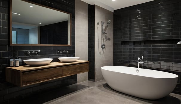 modern bathroom dark subway tiles