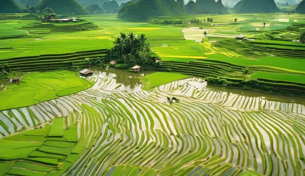 A large field of green grass with mountains in the background