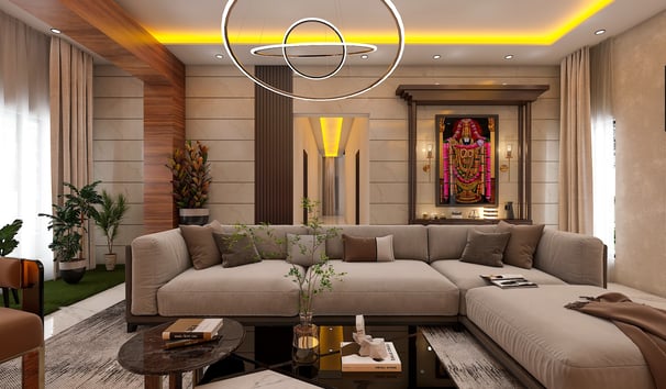 a living room with a couch and a table
