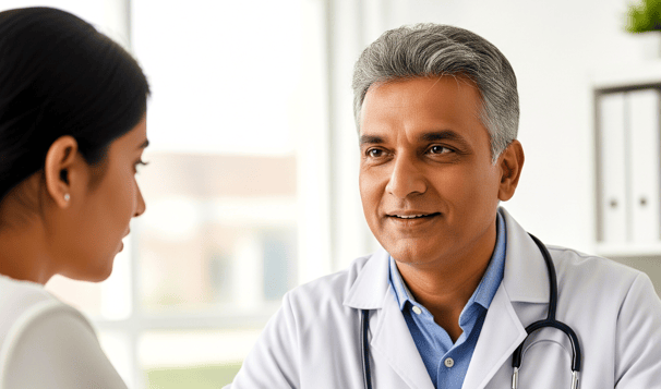 A doctor in a white lab coat with stethoscope around his neck is talking to a women.