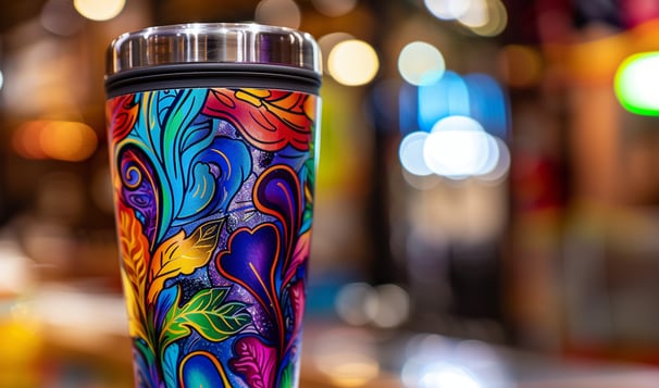 Stainless steel tumbler with vibrant vinyl, well-sealed against peeling.