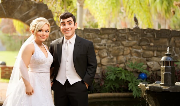 3D cartoon bride and groom standing in front of a fountain