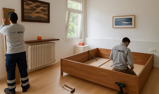 Operarios montando una cama como servicio de la mudanza