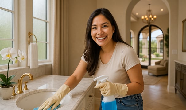Bathroom cleaning service by Dust Be Gone team sanitizing luxury bathroom in Tempe home