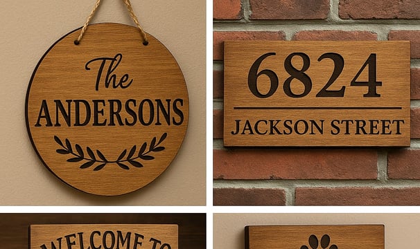 a collage of four different signs with a dog