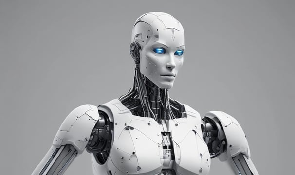 A small, sleek robot with bright green digital eyes stands on a wooden surface. The robot has a compact design with treads for movement and a glossy, dark exterior. The background is blurred with a warm orange hue.