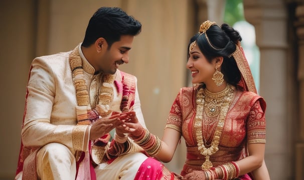 A couple, possibly newlyweds, is cutting a cake with a professional photographer taking pictures of the moment. The setting appears to be a warmly lit reception area with other guests in the background. A smartphone is visible in the foreground, capturing the event.