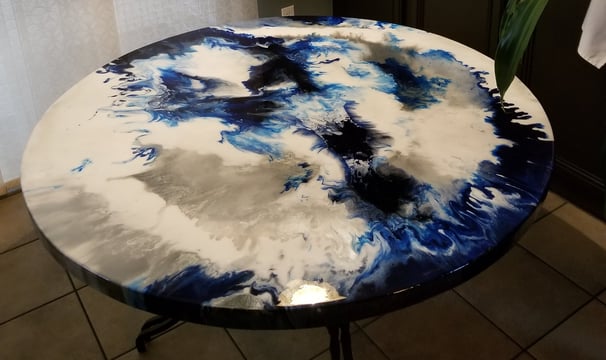 SOLD: Custom Cute Round Table with Stunning Blue and White Swirls.