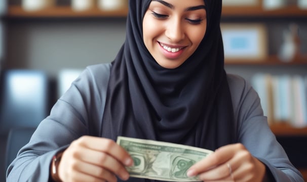 A woman with a smile stands confidently against a modern white and blue background. She is wearing a bright red hijab and a blue blazer, accessorized with a red handbag and white sunglasses resting on her head.
