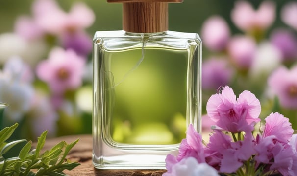 A clear glass perfume bottle with an orange-colored liquid inside is topped with a sleek silver cap and decorated with a delicate dark ribbon. The background is adorned with soft pink and white drapery, enhancing the luxurious and elegant feel.