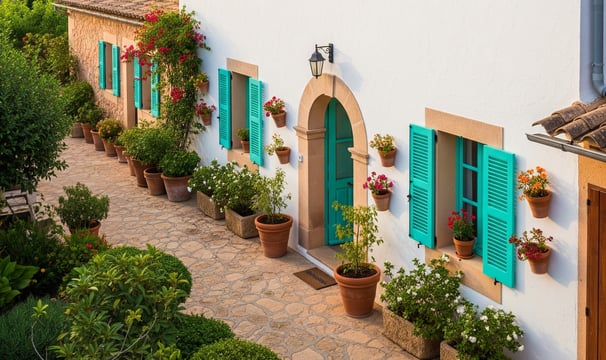 a house with green shutter shutters and blue shutters