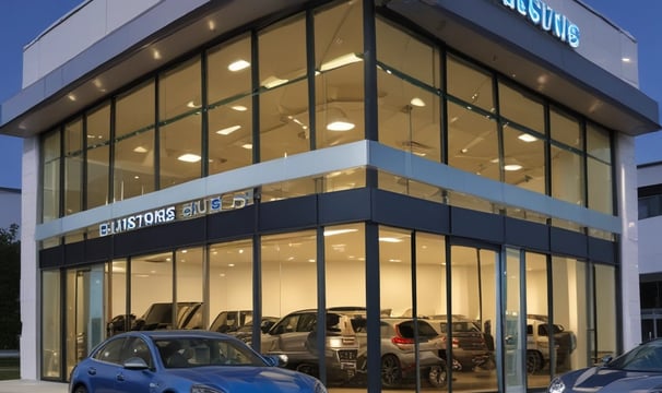 A car dealership building with clear signage for Volvo, Jaguar, and Land Rover brands. The structure features large glass windows and a metallic exterior, situated on a slightly elevated area with a clear, blue sky in the background.