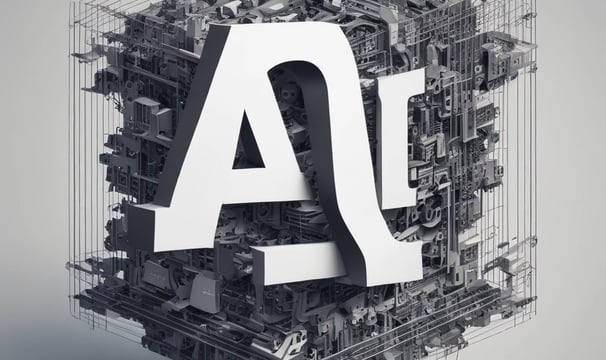 Large blue letters 'AI' stand prominently on a surface covered with a pattern of hexagonal shapes. Dark swirling lines intersect around the letters, creating a sense of motion and complexity. The background has a metallic sheen with a futuristic, digital style.
