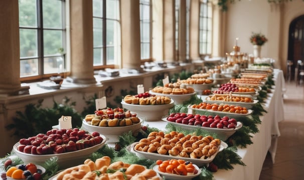 An elegantly decorated event hall with neatly arranged round tables covered in pastel-colored tablecloths and white chairs. A red carpet leads down the center aisle. The space is well-lit with chandeliers and spotlights, and floral centerpieces adorn each table.