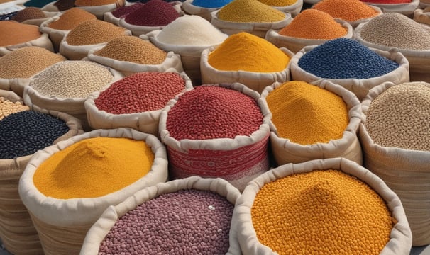 Various sacks filled with different types of grains and legumes are displayed at a marketplace. Each sack is labeled with a price tag indicating the cost per kilogram. The assortment includes lentils, beans, and seeds in a variety of colors and textures.