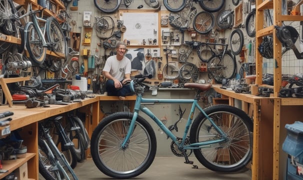 A workshop with multiple motorcycles, including a prominent silver BMW motorcycle in the foreground. The space is organized with tools and equipment along the walls and workbenches.