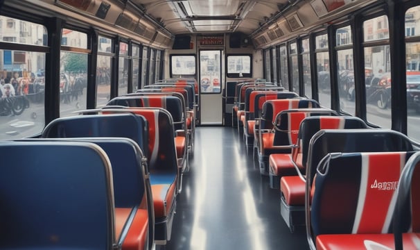 A bus traveling along a street with passengers visible through the windows. An advertisement is prominently displayed on the side of the bus featuring a smiling woman holding beauty products. The bus is parked against a backdrop of lush green trees.