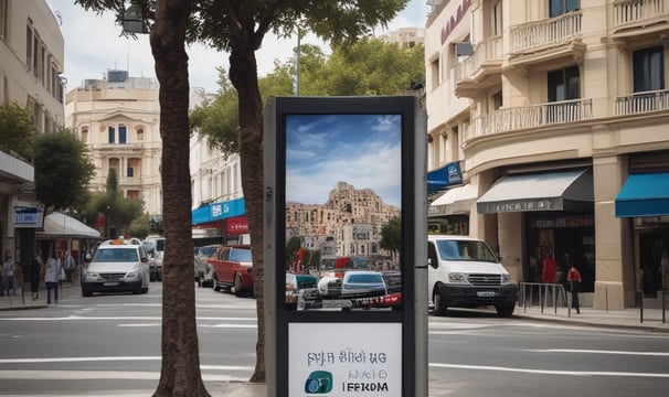 Large, vibrant billboards displaying advertisements and promotions are mounted on the sides of a tall building. Below, a busy urban street is filled with cars and pedestrians, indicating a bustling city atmosphere.