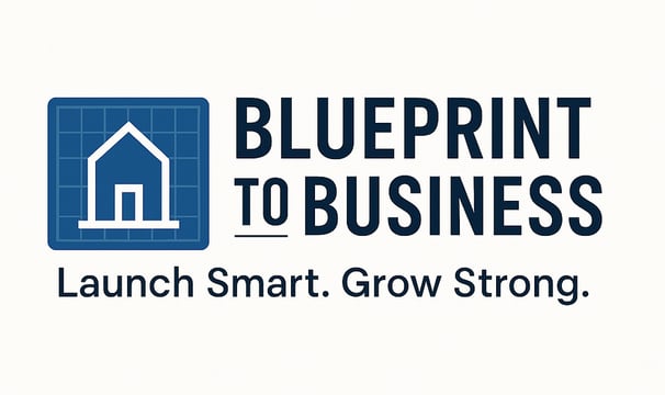 a blueprint business logo with a house in the background