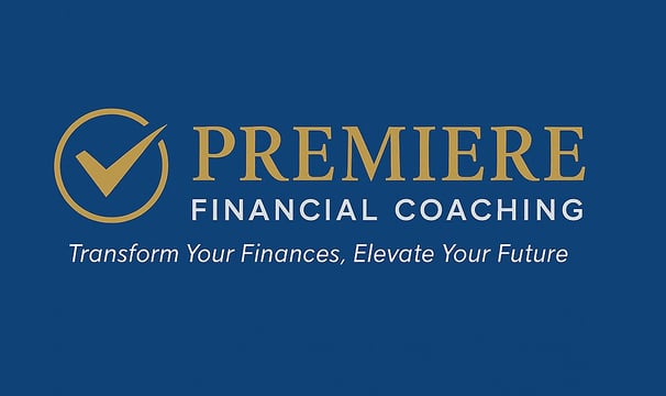 a blue and gold logo for premier financial coaching
