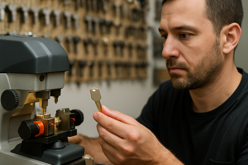 Professional locksmith duplicating a key with a key cutting machine.