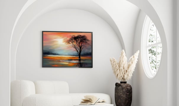 An artwork featuring a tree is showcased in a stark white room, highlighting the contrast between na