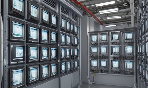 A complex manifold system with multiple white pipes connected in parallel to a row of valves. Several gauges are visible, as well as an assortment of knobs and control switches. The setup appears part of a heating or plumbing system, with wiring and connectors visible. The background shows a partially unfinished wall, suggesting an installation in progress or maintenance area.