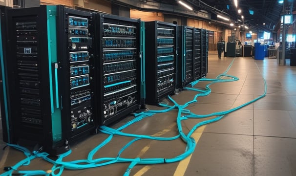 A server room or data center featuring several racks of network servers with blue indicator lights. The setup is organized and enclosed within a glass cabinet.