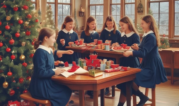 A group of young women in uniform performing a marching routine. They are wearing khaki uniforms with red sashes, green caps adorned with red feathers, and white gloves. Their uniforms display badges and colorful shoulder cords. The background shows other people in similar uniforms.