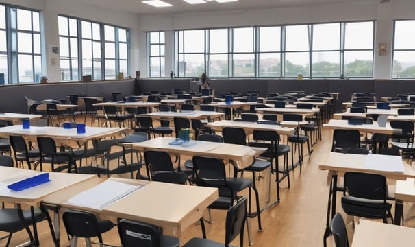 A group of women dressed in green and purple uniforms, some wearing hijabs, walks along a sidewalk beside a building with ornate geometric patterns and circular windows. The scene includes street signs indicating pedestrian crossings and well-maintained plants lining the path. The building's facade features decorative elements in white, black, and yellow.