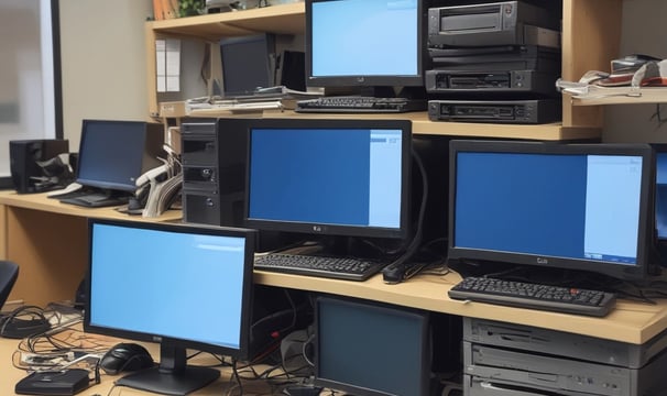 A messy tangle of blue, black, and green cables connected to network equipment on a shelf. There are several electronic devices, including routers and switches, with cables haphazardly arranged. A power outlet is visible on the wall.