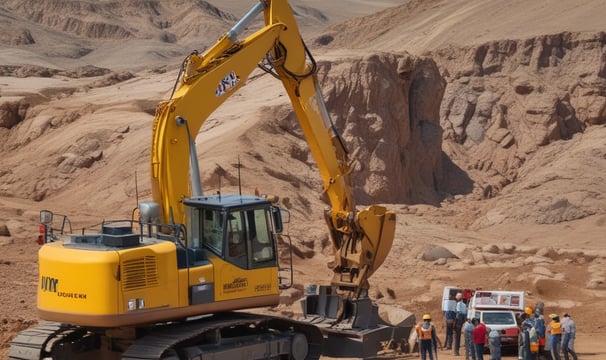 Several large dump trucks and an excavator are operating in an open-pit mine, with dusty and rocky terrain surrounding them. A drilling machine is also visible, indicating active mining activities.