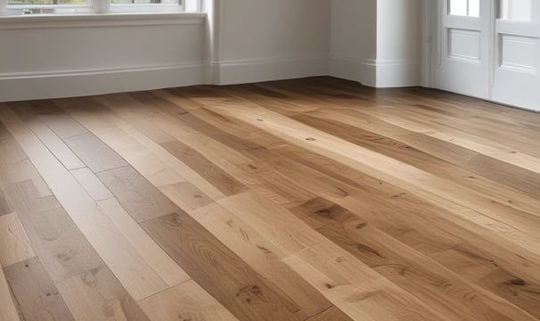 A close-up view of a wooden parquet floor with a herringbone pattern. The wood has various shades of brown and displays natural grain and knots, providing a rustic appearance.