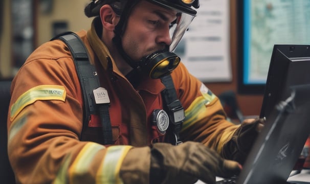 A person wearing a red helmet and a fire jacket stands in front of a large backdrop, possibly a building or construction site. A red fire truck is partially visible behind the person, along with metal scaffolding.