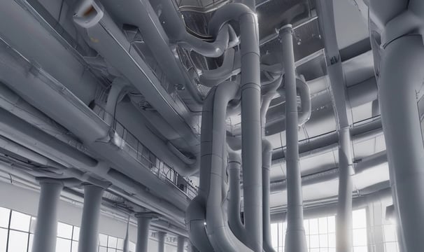 A fire safety setup featuring a red fire hose reel mounted on a wall alongside a rectangular red metal cabinet containing a fire hose and nozzle. Pipes and a valve are visible, highlighting the system's functionality.