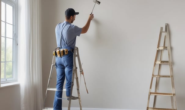 A person wearing protective clothing is painting the exterior of a building while crouched on a narrow ledge. Next to the person is a satellite dish attached to the wall. Several windows are open above the person, providing some ventilation.