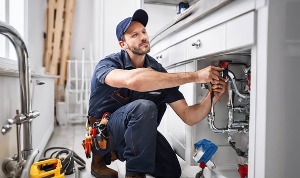 a man in a blue shirt and a wrench on a kitchen counter