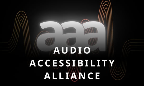Audio Accessibility Alliance written over 'aaa' as logo and red sound waves.