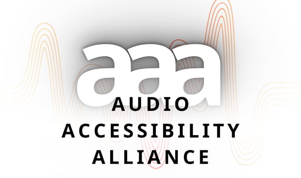 Audio Accessibility Alliance written over 'aaa' as logo and red sound waves.