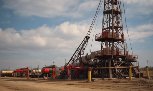 A large industrial space with massive machinery, including engines and generators. Two workers are operating and maintaining the equipment on a checkered floor under a high ceiling with steel beams.