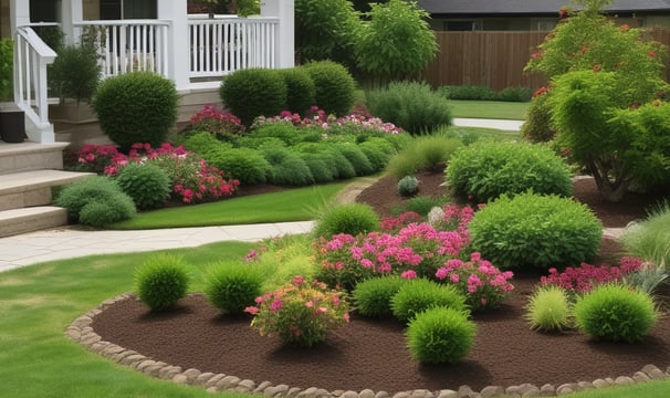 A cluster of red and pink flowers in full bloom is situated in front of a greenhouse with glass windows. Trees and shrubbery can be seen in the background, providing a lush and natural setting.